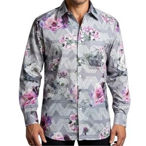 Hula Tease Hawaii Designer Polynesian collar button up Rose long sleeve shirt